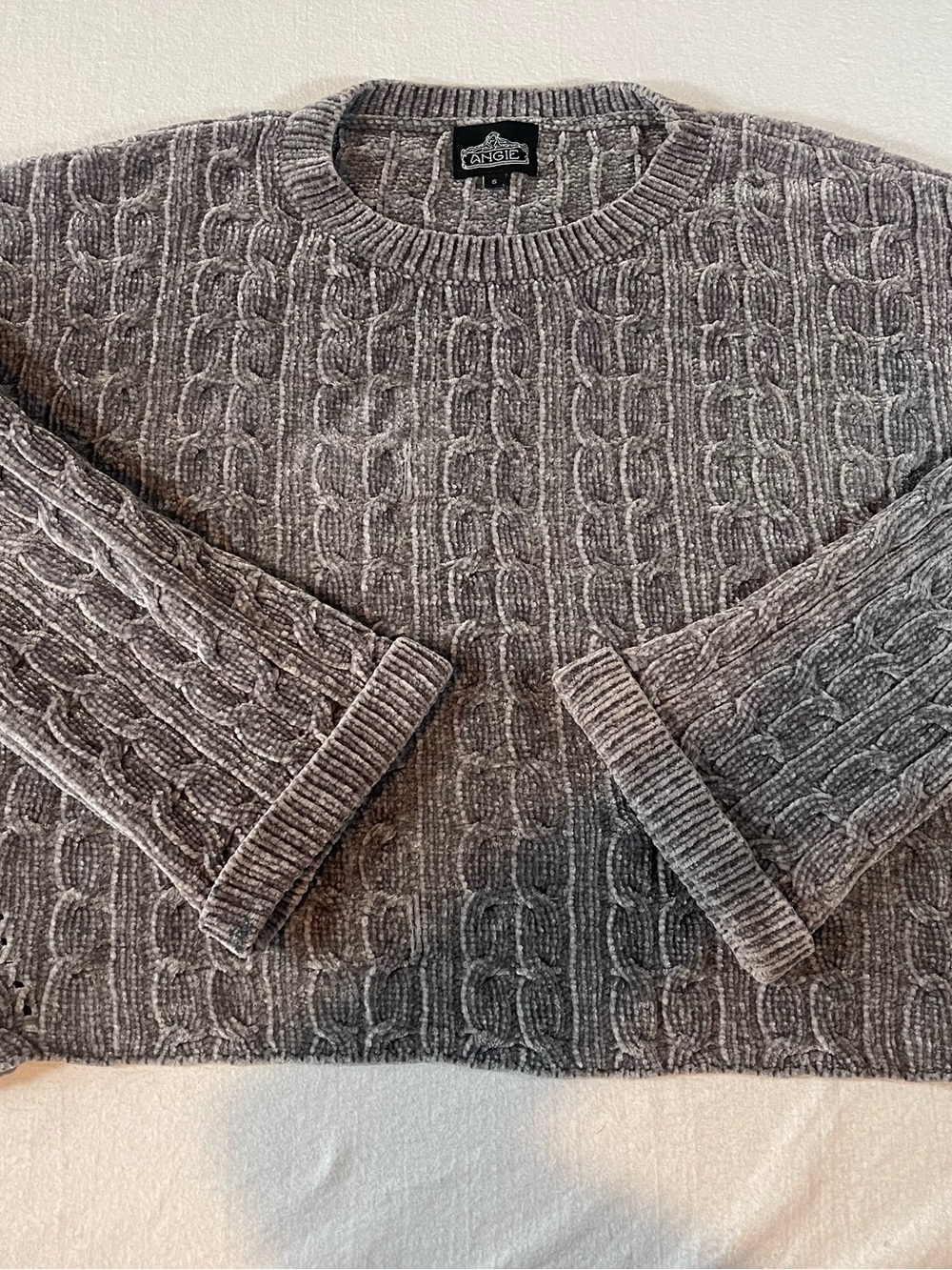 Angie Cropped Soft Gray Cable Knit Crewneck Sweater